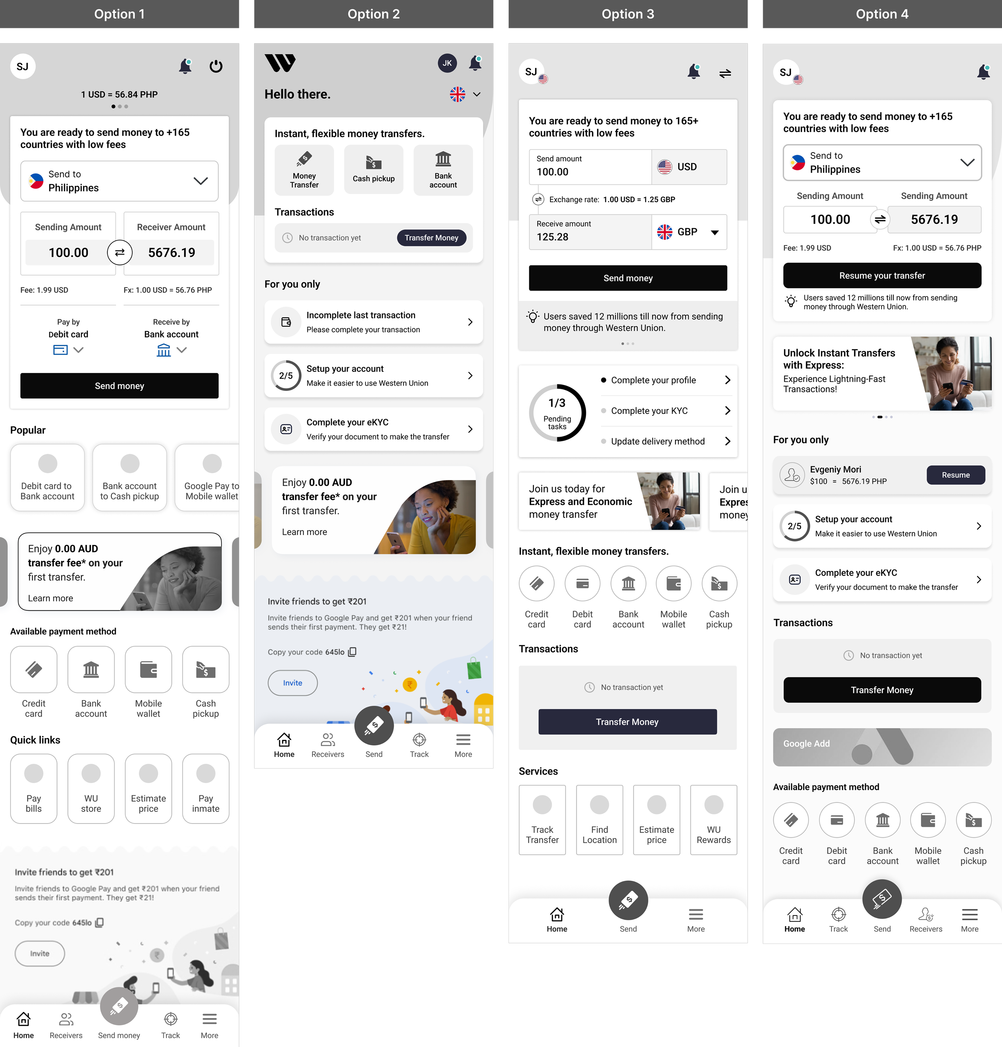 Four wireframe direction options for the logged-in first-time user home page