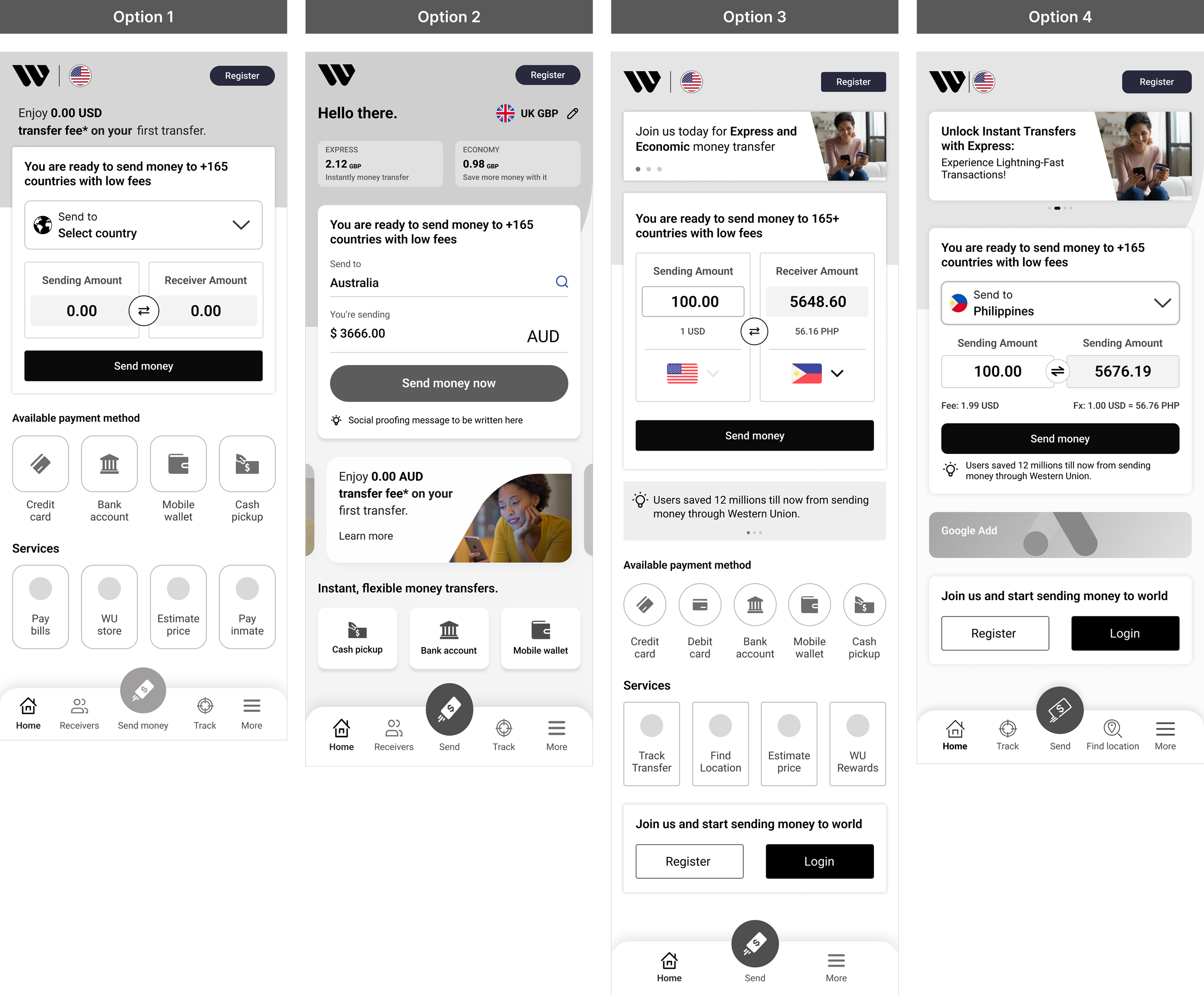 Four wireframe direction options for the logged-out first-time user home page
