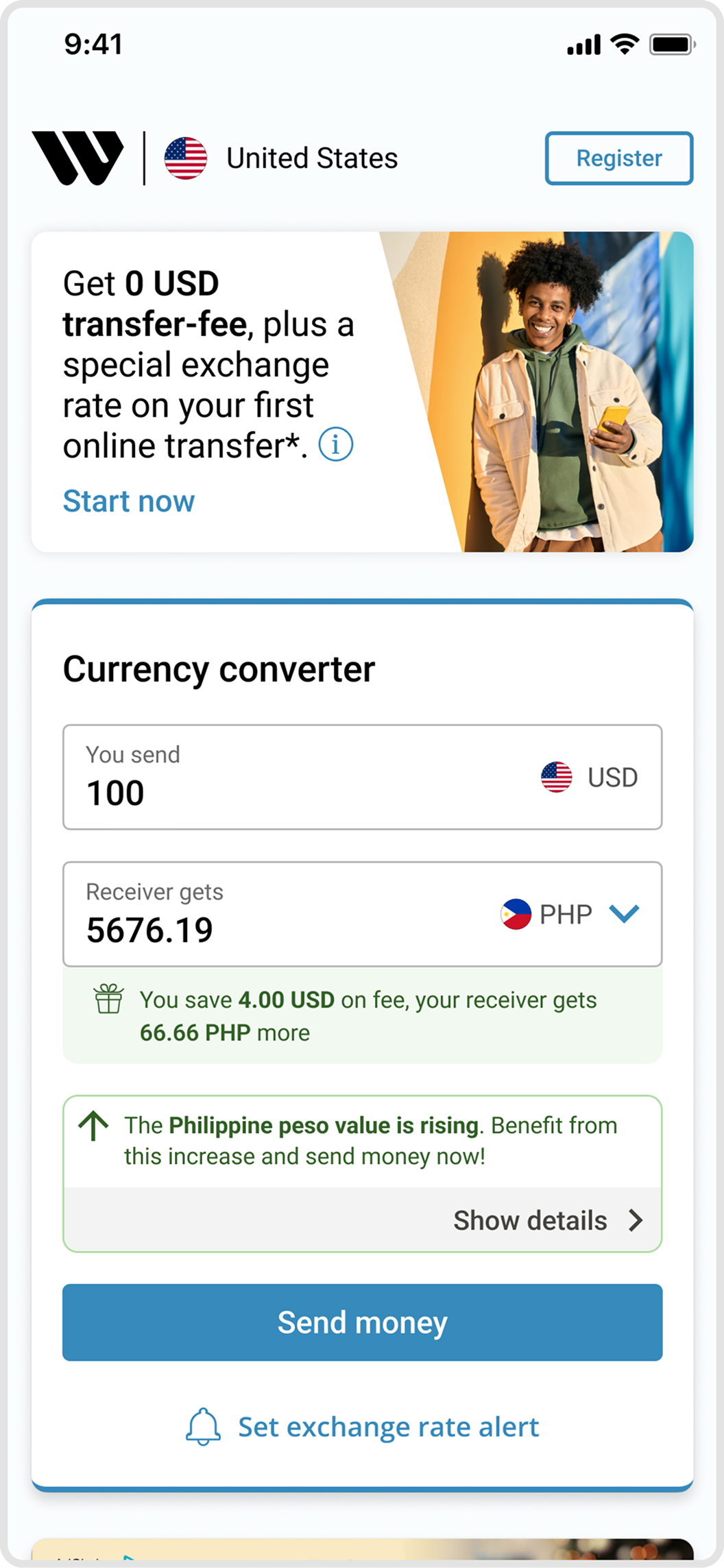 Scenario 1 — logged-out home page with value-prop banner and currency converter