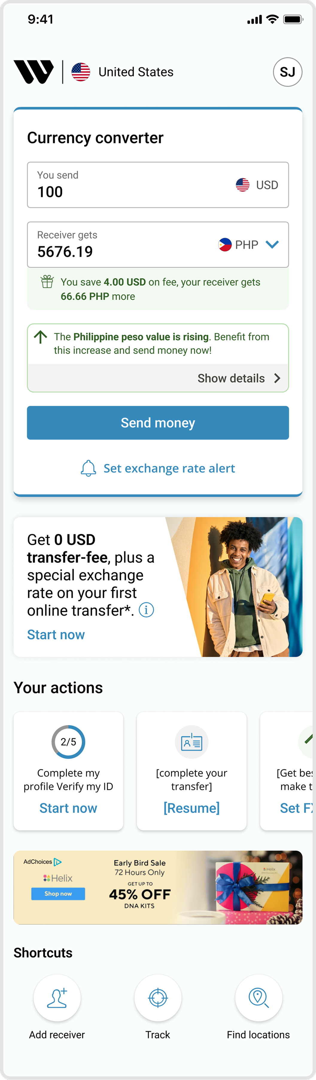 Scenario 2 — logged-in user with zero transactions, currency converter and your actions