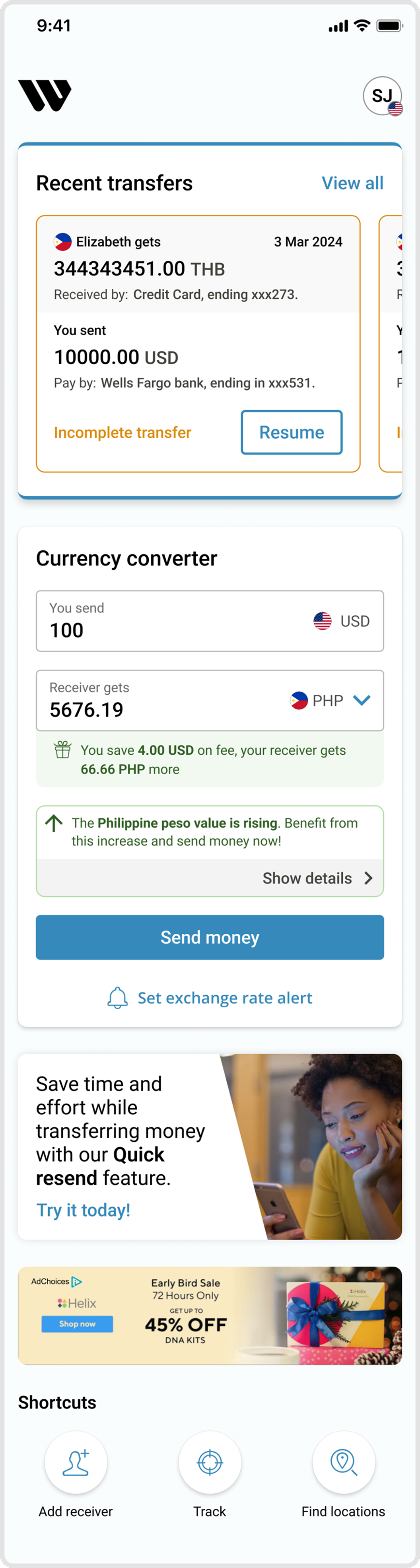 Scenario 3 — logged-in user with recent transfers, resume and currency converter