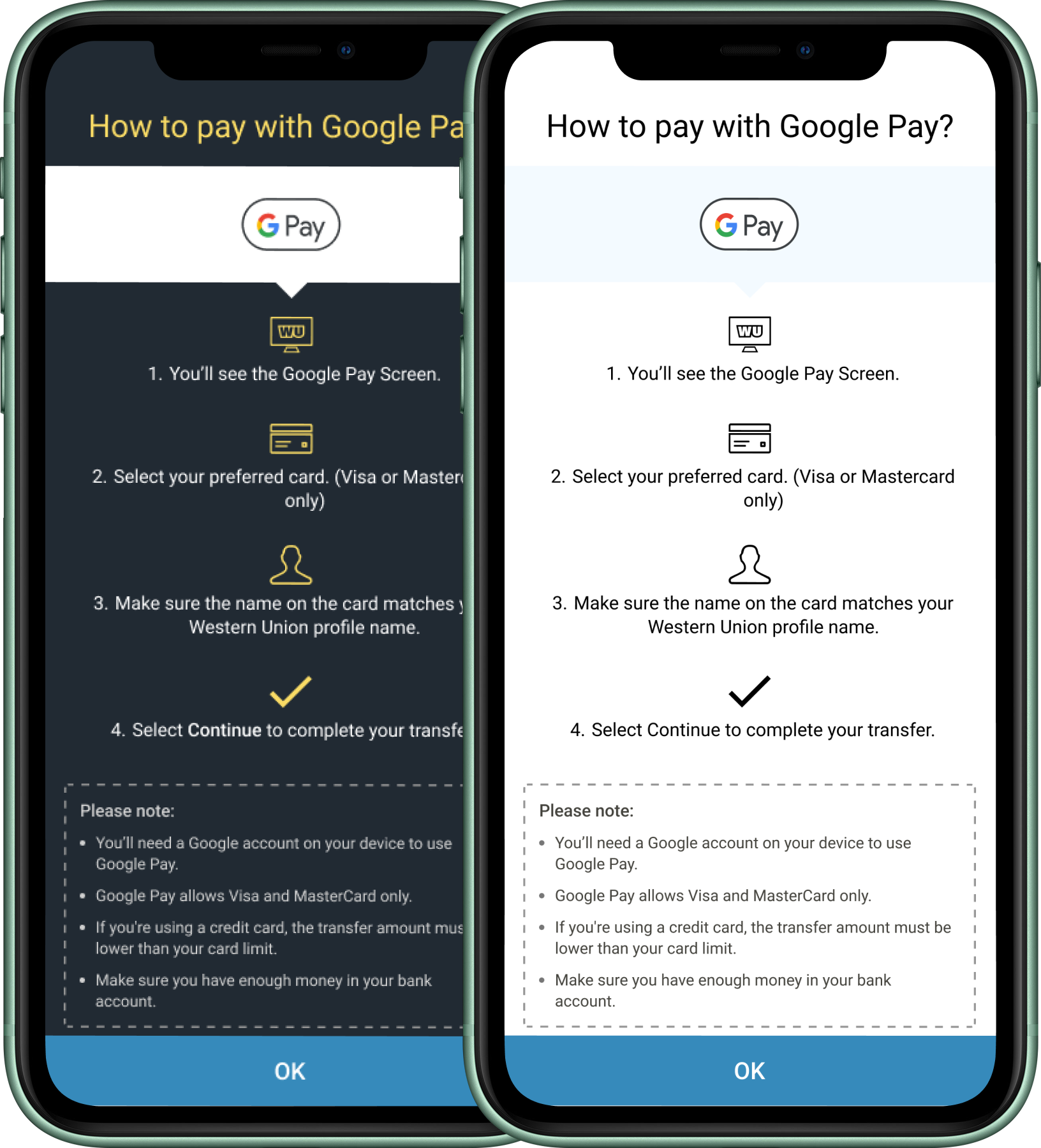 Google Pay funds-in instruction screens, dark and light theme