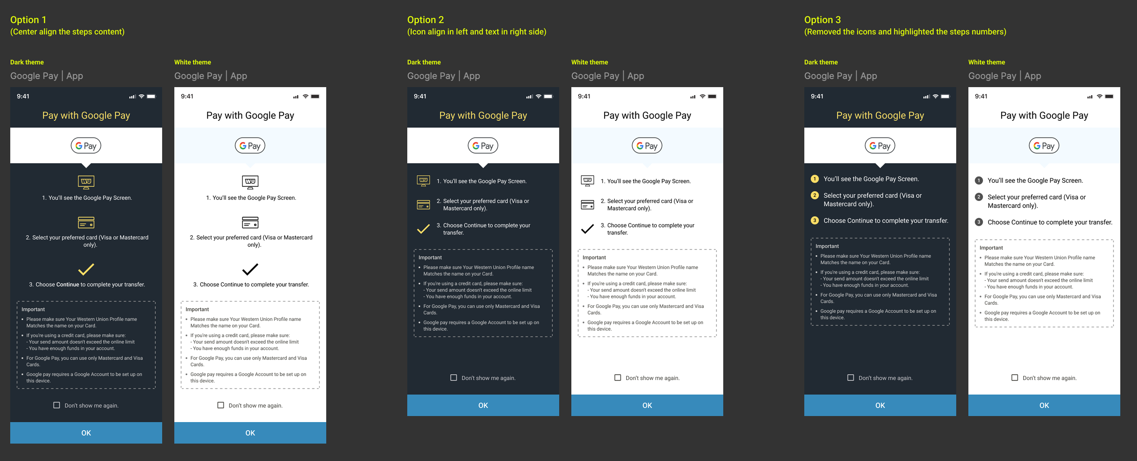 Option 1, 2 and 3 interface variations, dark and white theme