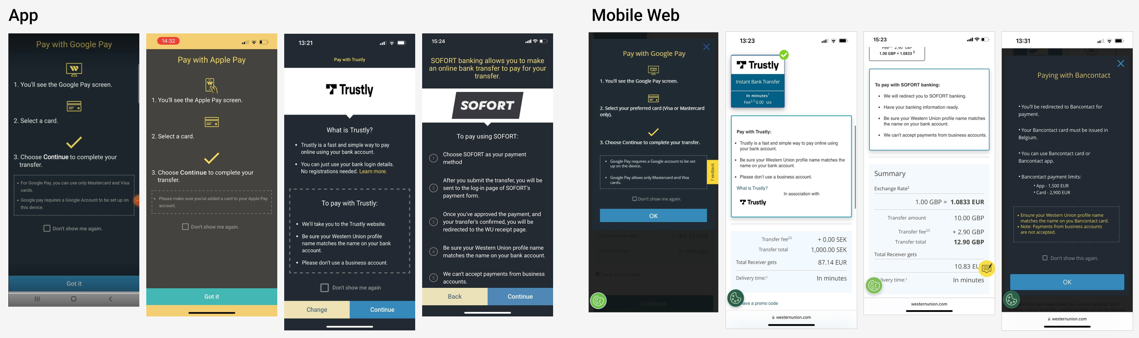 Old interstitial designs across app and mobile web: Google Pay, Apple Pay, Trustly, SOFORT, Bancontact